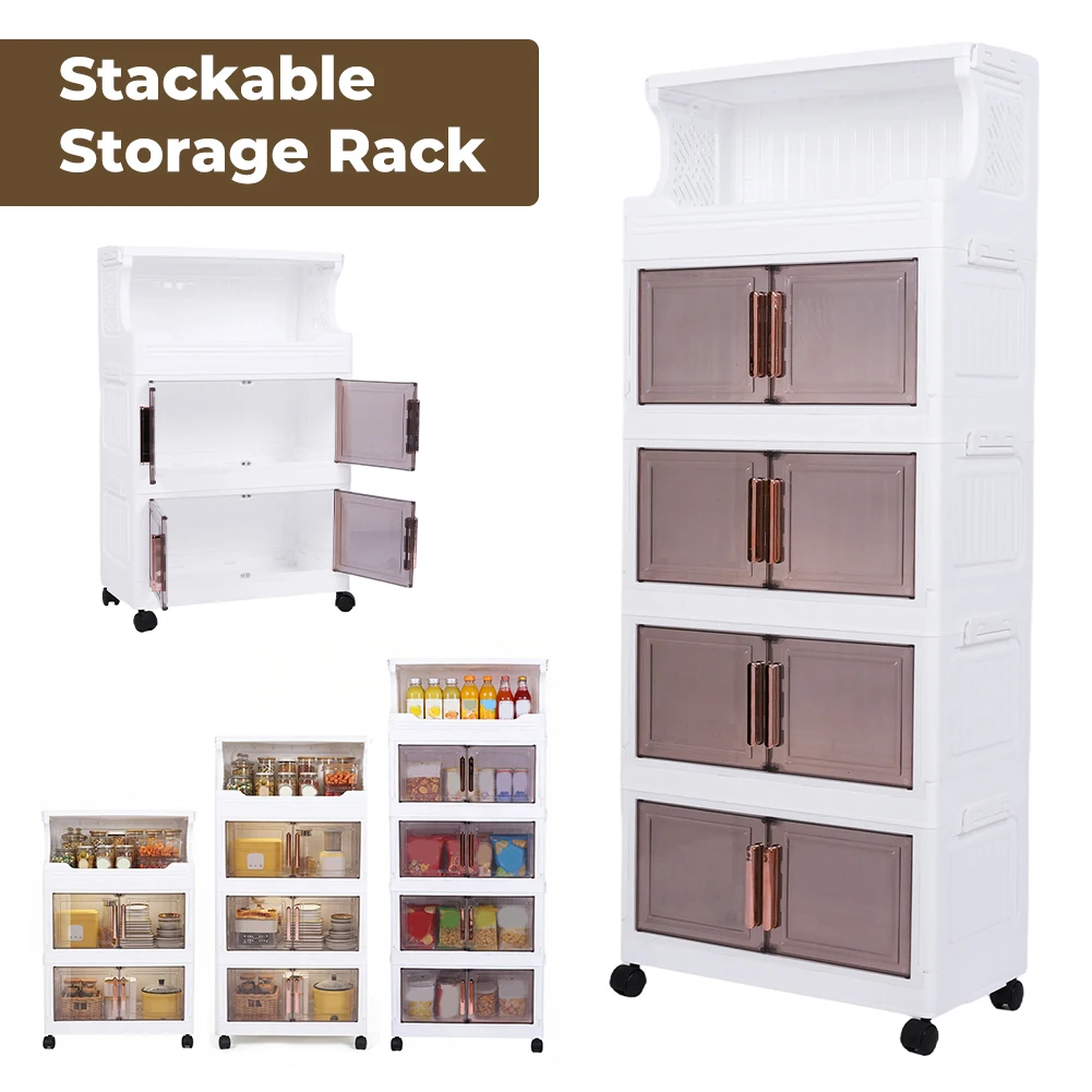 

Складные пластиковые контейнеры для хранения с дверцами и колесами, 42 см, штабелируемый шкаф для кухни, офиса и гостиной