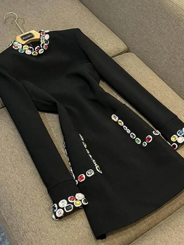 

New Faion Heavy Embellied Long Sve Diamond Embedded Gem Dr Pure Color Star Sle Commute Friendly OL Dr