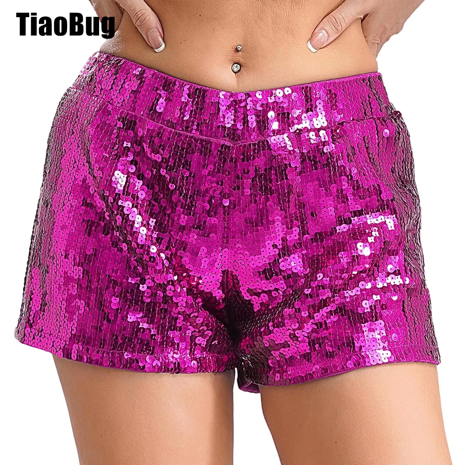 

Womens Glitter Sequins Shorts Elastic Waistband Fully Lining Shiny Shorts Sequin Booty Shorts for Nightclub Dance Stage