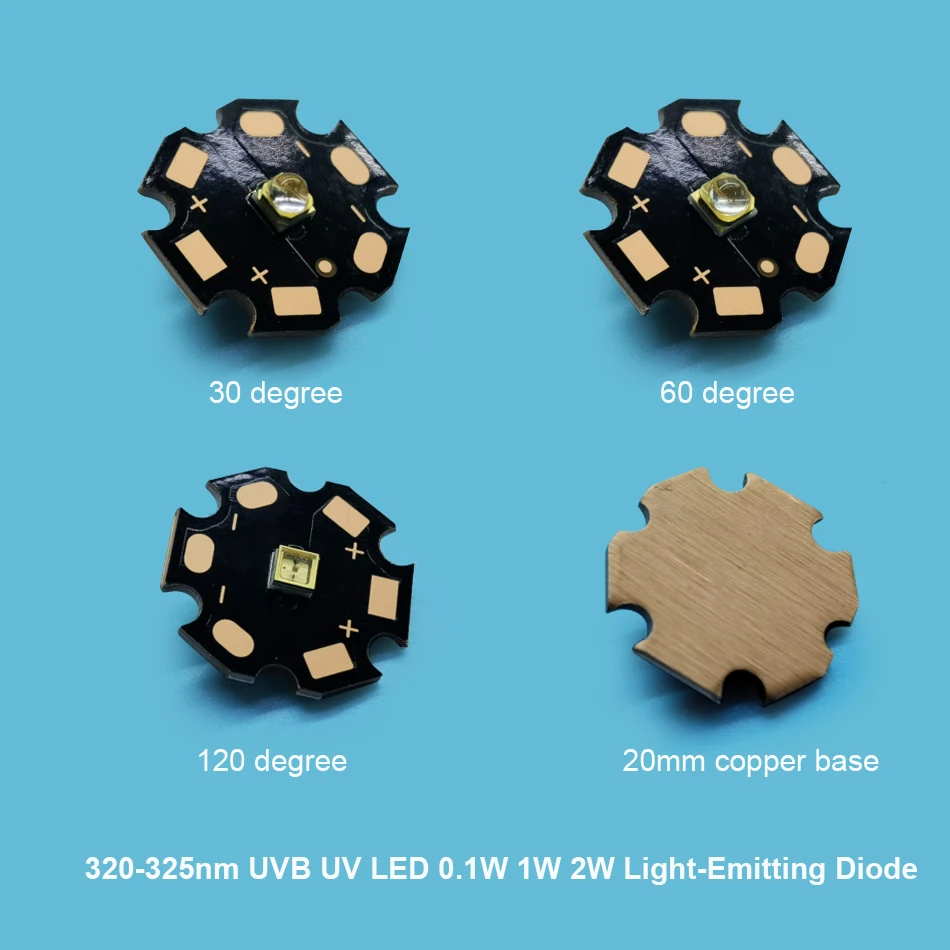 325nm UVB UV LED Beads 320-330nm Ultra Violet Light-Emitting Diode 0.1W 1W 2W with 20mm Copper Substrate DC5-7V
