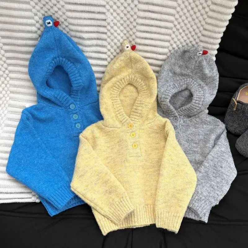 2026 Autumn New Children Long Sleeve Hooded Sweater Fashion Boys Knitwear Solid Girls Casual Pullover Cotton Kids Clothes