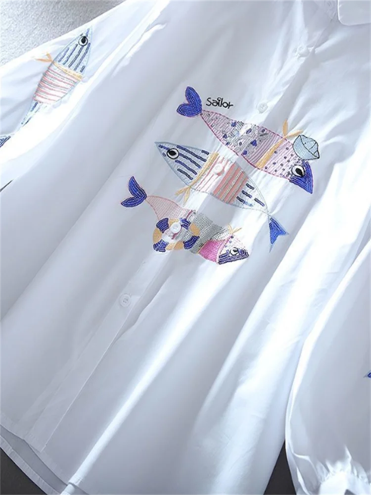 White Embroidered Shirt Female Blouses Summer Woman Clothes Shirts Loose Blous Laple Cardigan Blouses 3/4 Sleeves Ladies Blous