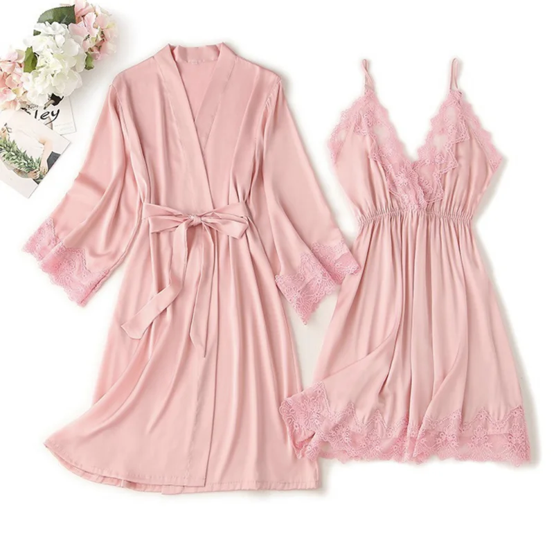 Lace Nightdress Women Robe Bride Bridesmaid Bathrobes Satin Pajamas Set Strap Dress 2 Piece Loose Kimono Sexy Sleepwear Homewear