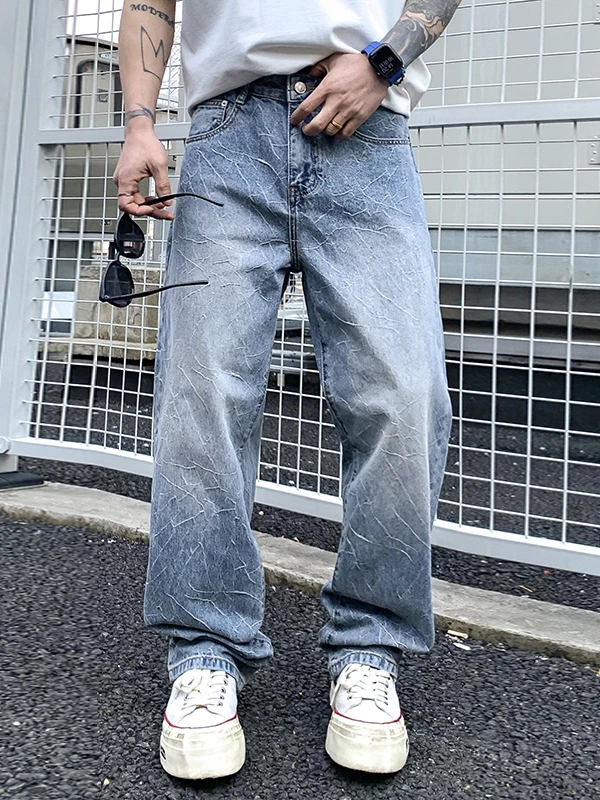 

Light Blue American Lightning Pattern Casual Loose Straight Leg Jeans Men's Waed out Jeans Youth Wear Spring Autumn