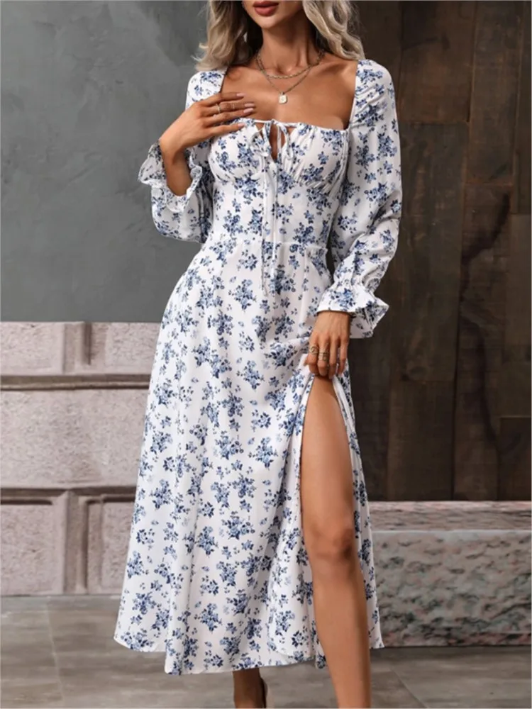 

Spring Autumn Flower Print Dresses Women Long Sleeve Square Collar Hollow Out Leace-up Low Cut Slit Dress Elegant Lady Vestidos