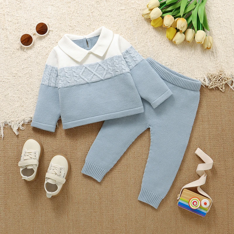 

Baby Clothes Sets Knitted Infant Boy Sweater Long Sleeve Pants Newborn Kid Pullover Trousers Fashion Solid Striped 2PCS Playsuit