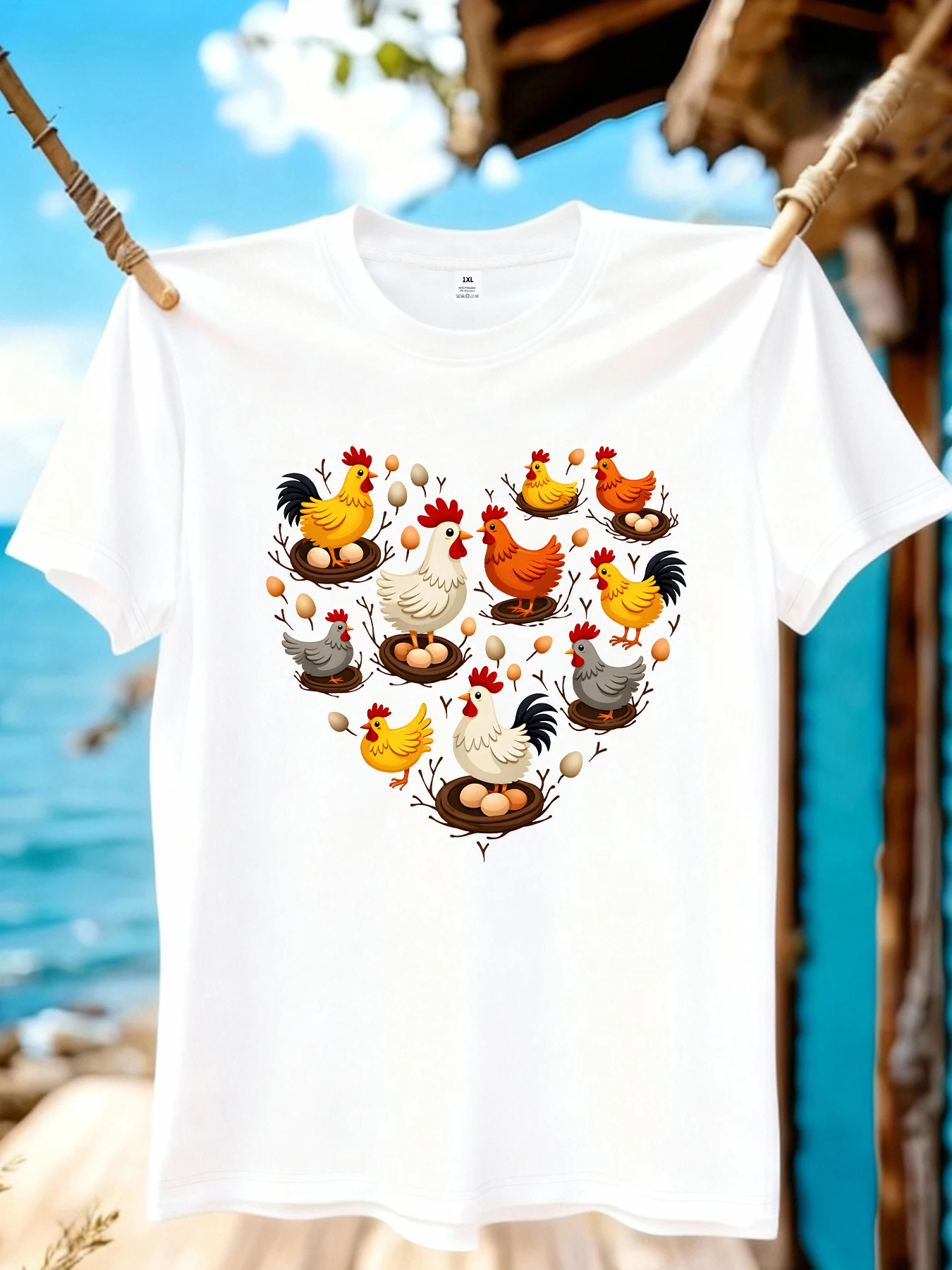 

【WZM10956】Женская футболка больших размеров с креативным принтом в виде сердечек и кур, с круглым вырезом, летняя, повседневная, с короткими рукавами, в уличном стиле, универсальная.