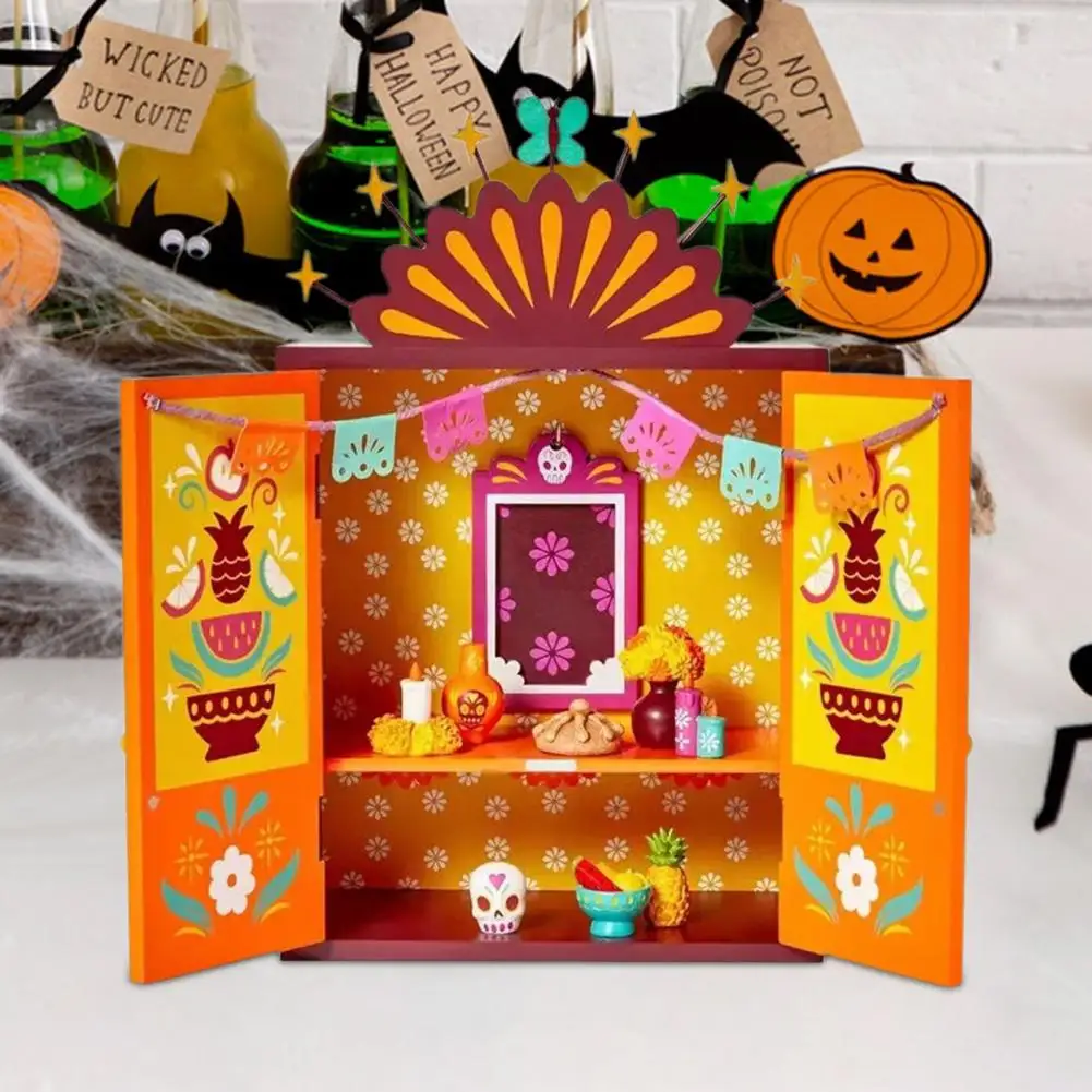 

Mini Wooden Altar Day of The Dead Altar Box，with Memory Picture Frame，Mexican Pattern，Mini Altar，Home Tabletop Decoration