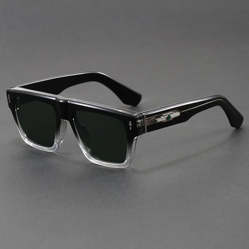 COJOS Thick Flat Top Square Sunglasses Men Metal Green Diamond Temple UV400 Driving Shades With Glasses Case