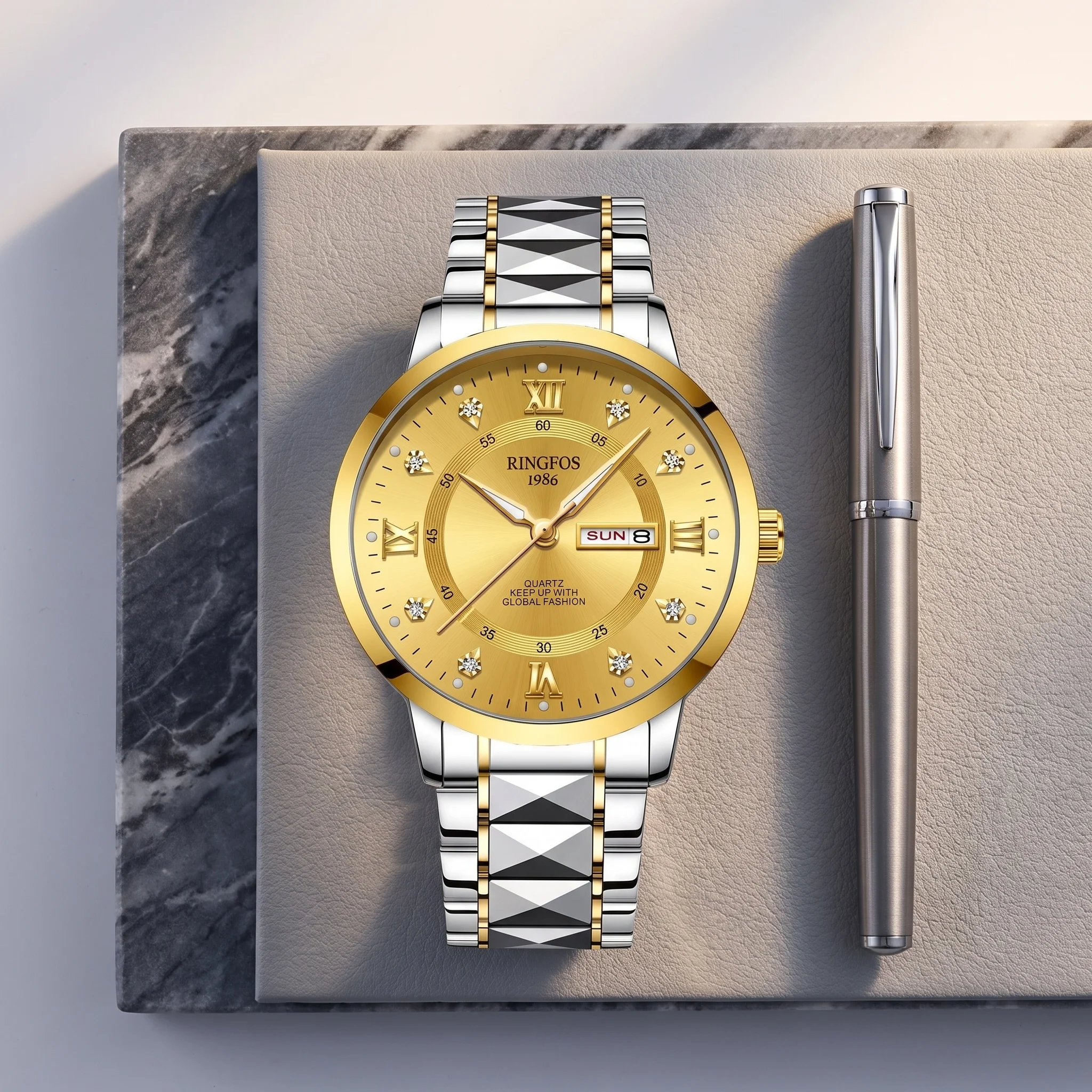 Men's quartz watch with a two-tone stainless steel bracelet, a luxurious large gold dial, and day and date displays,