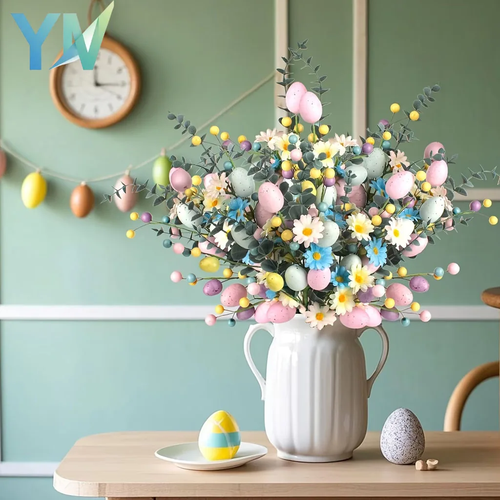 1–10 Stück Osterei-Blumenstiele, künstliche Gänseblümchen, Eukalyptus und Beerenzweige für Vasen-Mittelstück und Frühlings-Heimdekoration