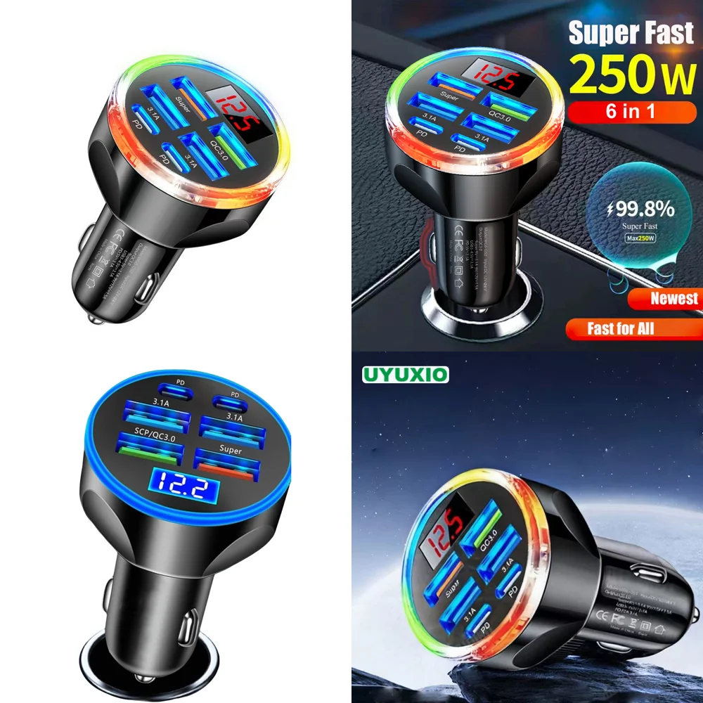 6 in 1 USB Car Charger with Voltmeter 2 Type C 4 USB A  Multi Port  Super Fast Charging Adapter with Voltage Display New 2026