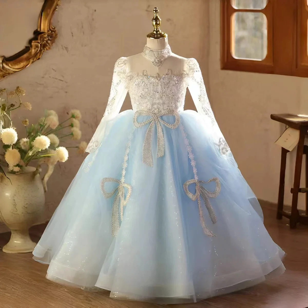 Customized Flower Girl Dress for Wedding Appliques Pearls Bow Long Sleeve Floor Length Kids Birthday First Communion Gown