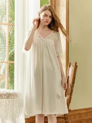 Vintage  Princess  Lace Cotton Nightgowns For Lady Deliacate Solid Color Short Sleeve Sleepwear Loose Royal Summer Dress