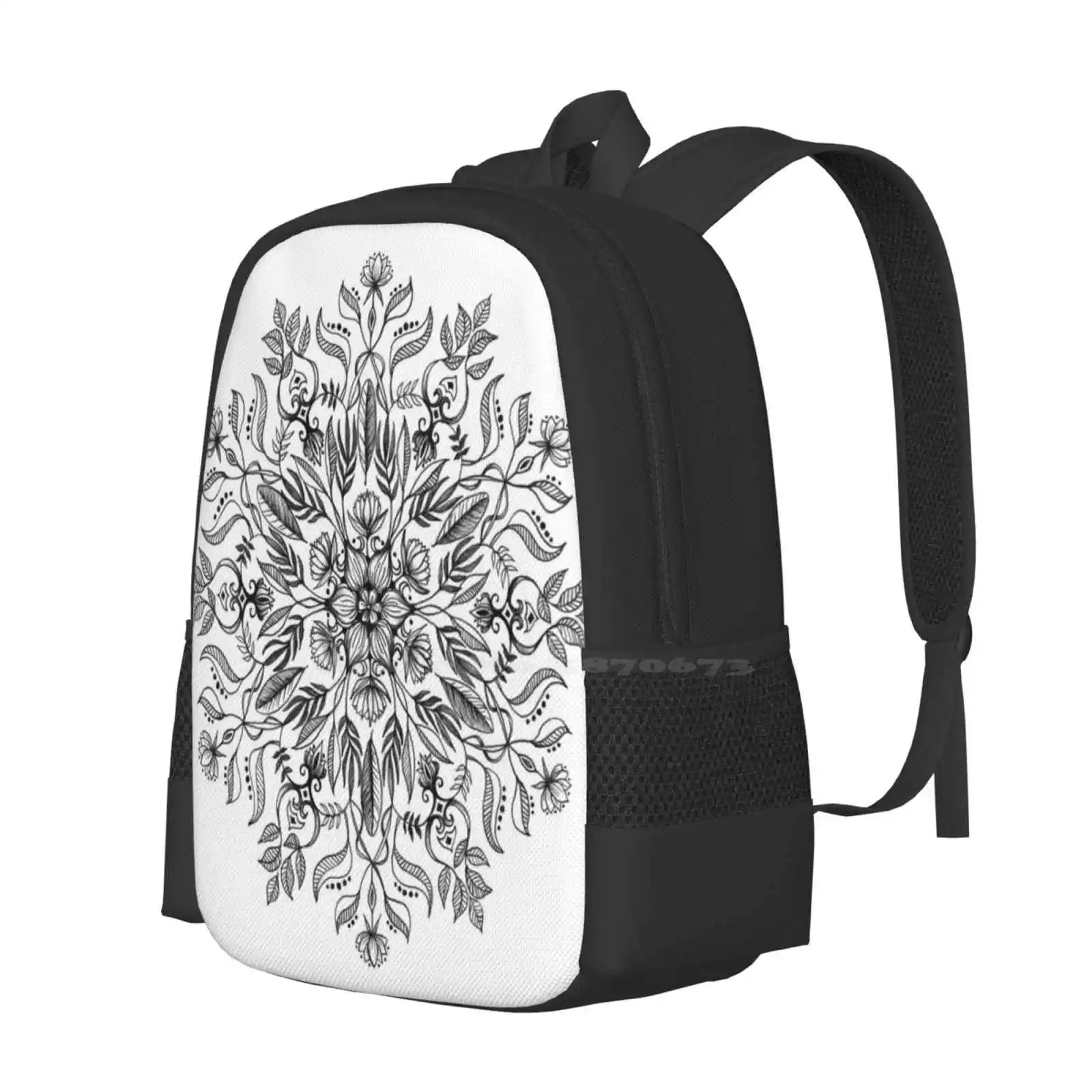 Thrive-Monochrome Mandala Backpacks For School Teenagers Girls Travel Bags Hand Pencil Mandala Nature Leaves Leaf Flowers