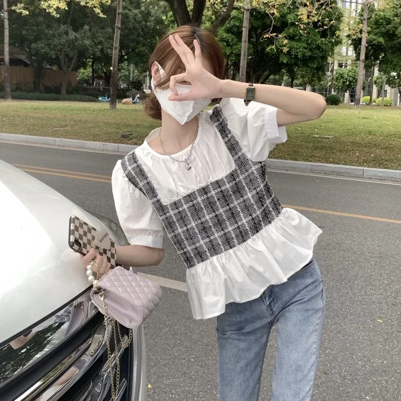 

Korean Summer Sweet Tops Chic Fake Two Blouse 2024 Women Clothing Contrast Color Plaid Short Sleeve Shirts Tunic Fashion Blouses