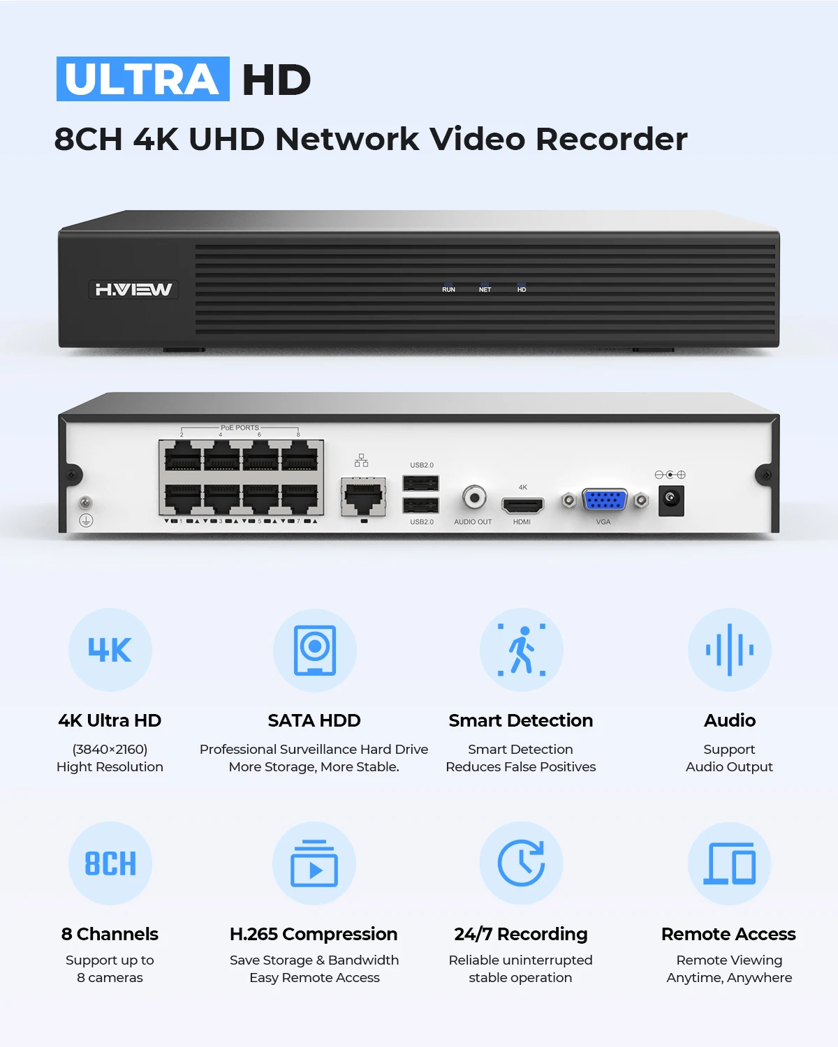 H.View 4K 8Ch Poe Nvr Cctv Security System H.265 Video Audio Recorder 8Mp Network Surveillance For Poe Ip Camera Onvif