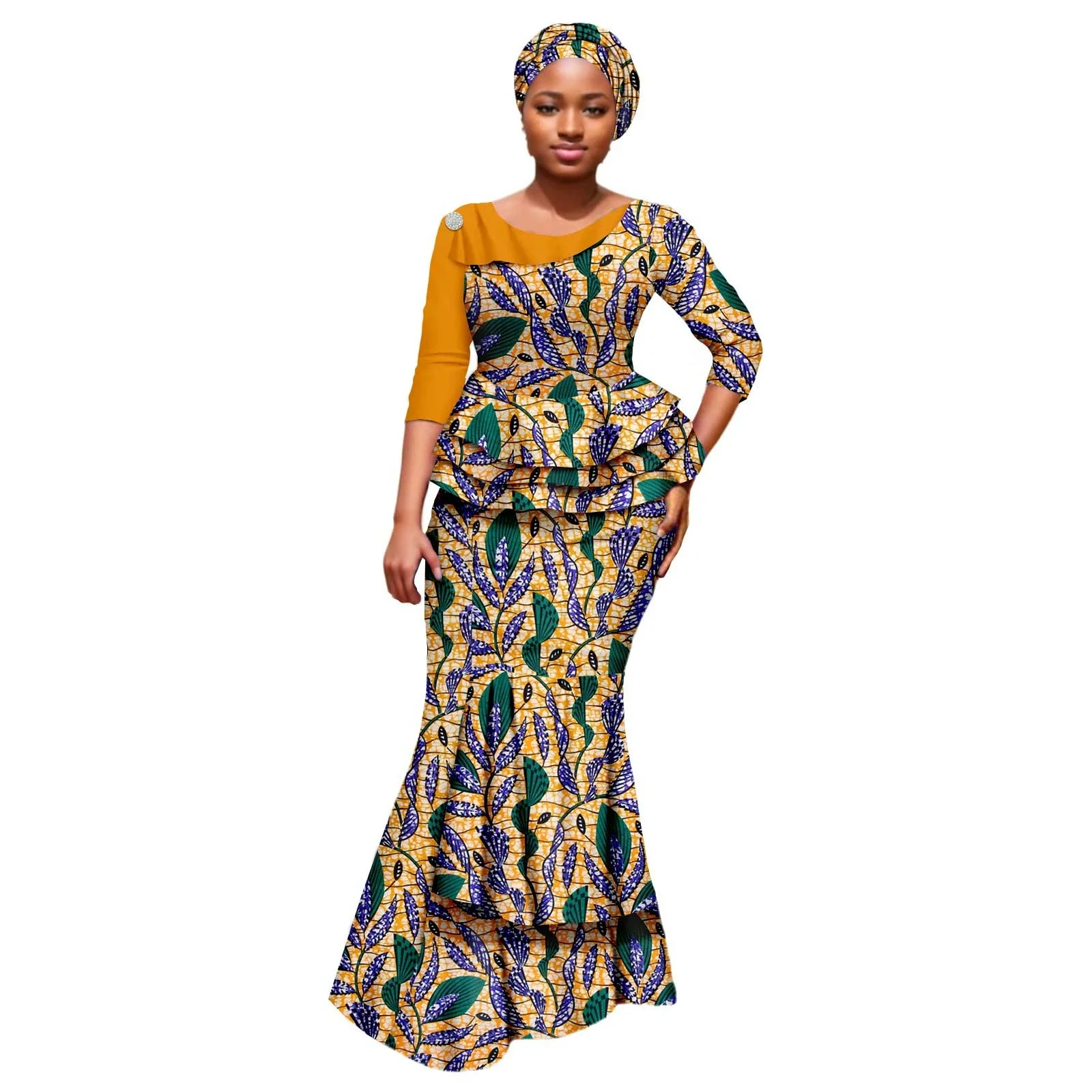 Women African Dashiki Print Patchwork Top And Mermaid Skirt Ensemble with Turban Traditional Wedding Party Dress New Collection