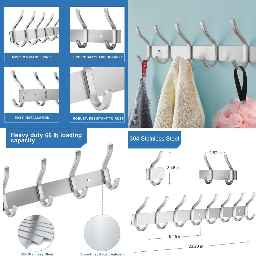 

Настенная вешалка для одежды 23 дюйма, сверхпрочная, с 8 крючками, серебристая, для прихожей и ванной комнаты – для сумок, пальто, шляп, полотенец