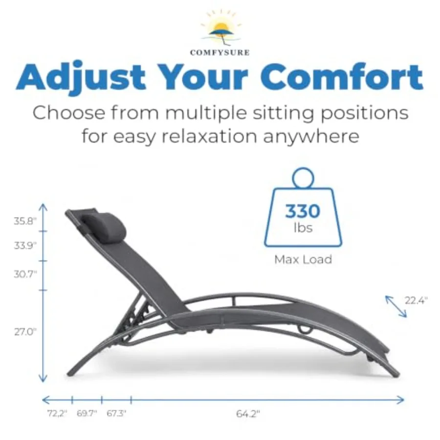 Aluminum Lounge Chairs Set of 2 for Outdoor Use, Textilene Fabric, Gray, UV-Resistant 4-Position Reclining with Headrest Pillow