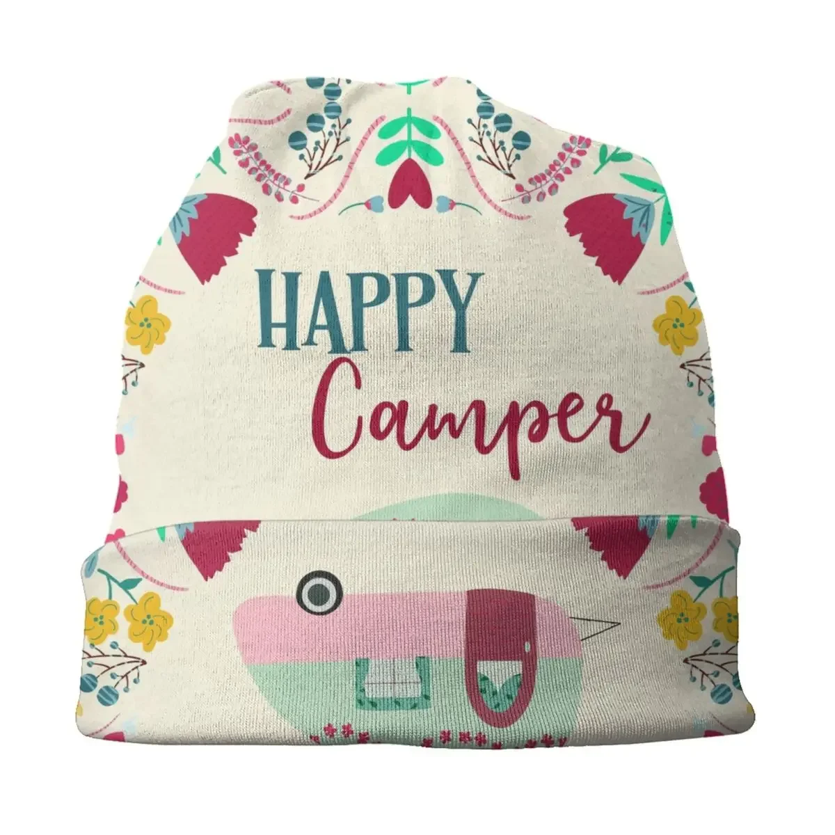 Happy Camper Van Life Skullies gorros gorras fresco invierno cálido mujeres hombres tejido sombrero adulto Unisex dibujos animados RV Camping Bonnet sombreros