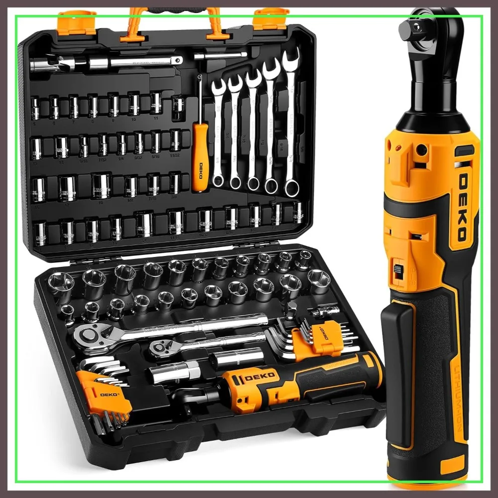 

74Pcs 1/4" 3/8" 1/2" Drive Socket Set with 8V Cordless Ratchet Wrench, Adjustable Speed, LED Light, Tool Kit