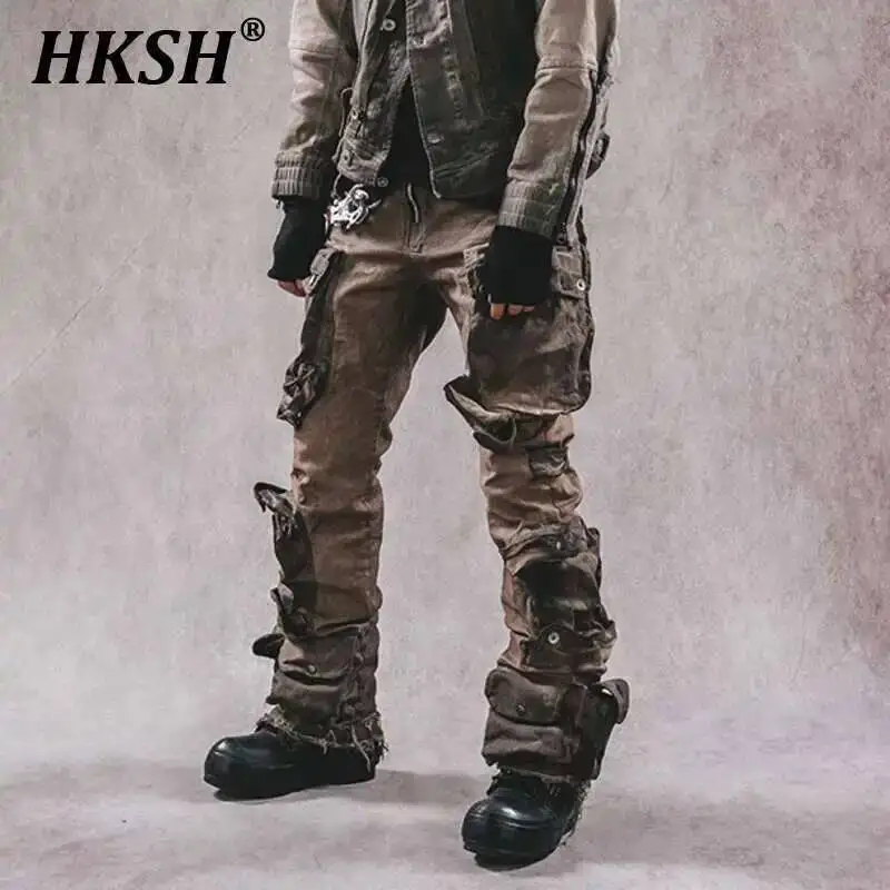 HKSH Heavy Craft Waste Land Washing Multi Pocket Micro Rage Elastic Slim Fit Casual Cargo Pants Men's Punk Tide Overalls HK0814