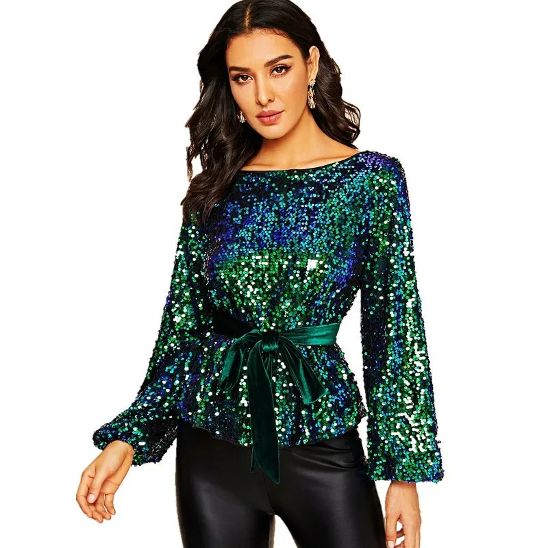 Womens Long Sleeve Tops Streetwear Christmas Shirts Bling Sequins Outwear Festival Costumes Fashion