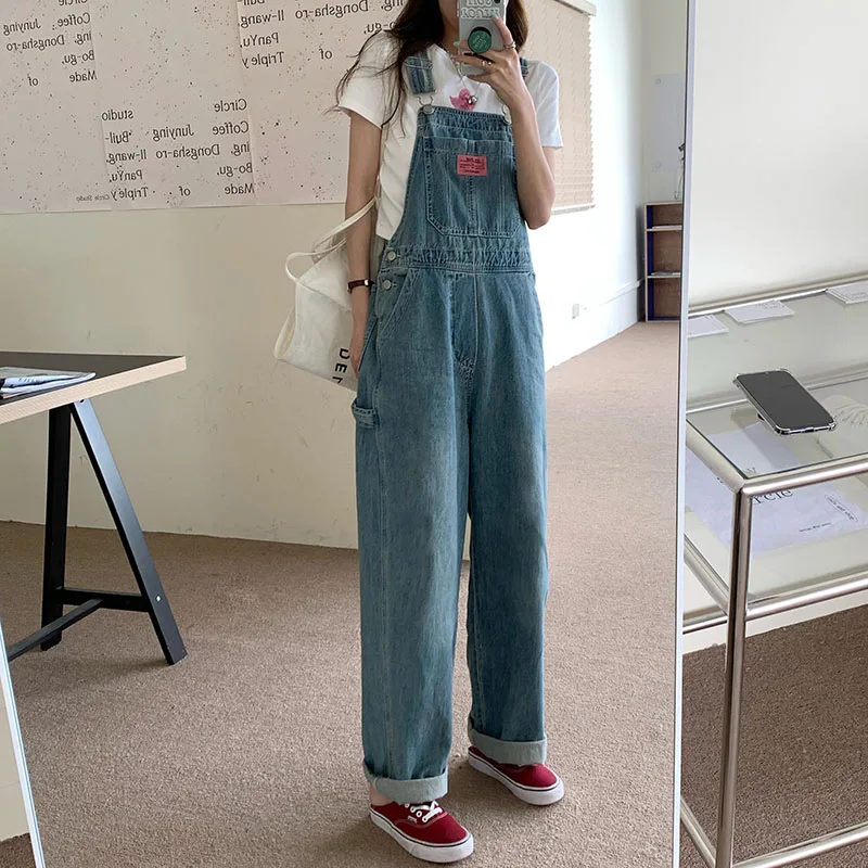 Vintage Denim Jumpsuit Voor Vrouwen 2023 Lente Blauwe Wijde Pijpen Straight Overalls Meisjes Casual Losse Romper Broek Streetwear