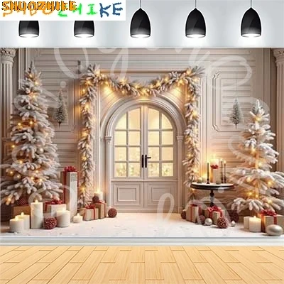 

Christmas Day New Year Party Photography Backdrops Prop Window Living Room Interior Xmas Tree Snow Theme Photo Background FN-08