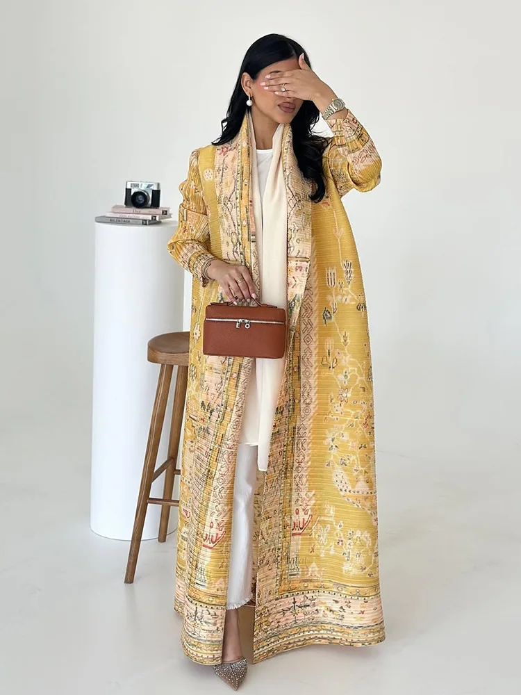 

abaya ethnic style print pleated long cape coat spring/Summer2025 large lapellace-up cardigan top Belt Casual Modest Women Abaya