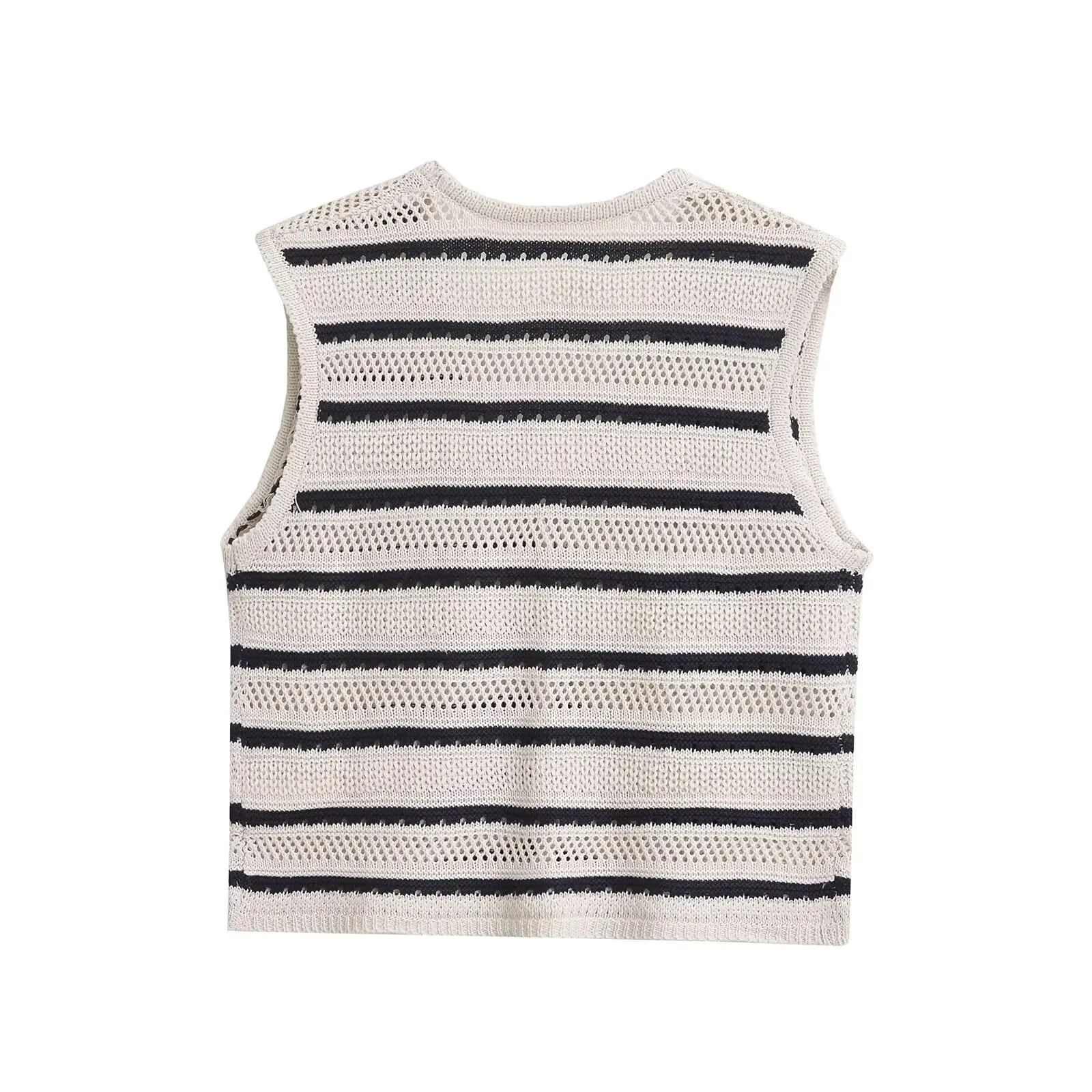 Tangada 2024 Summer Women Striped Hollow Knitted Sweater Jumper Sleeveless Cropped Cardigan AI085