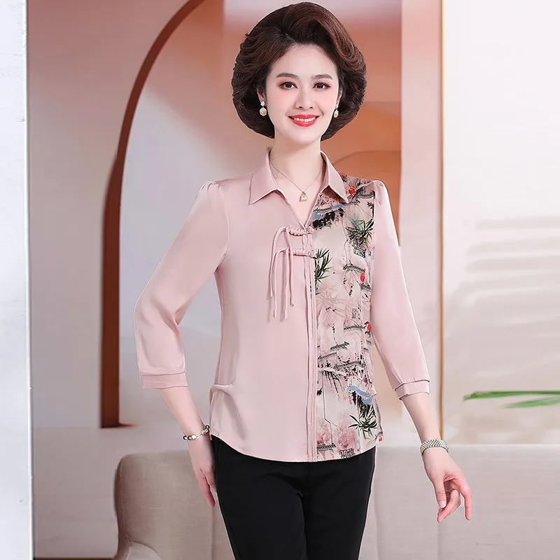 Summer Retro patchwork print Solid Color Shirt Ladies Half Sleeve Loose Casual Top Women Elegant Vintage Shirring Blouses