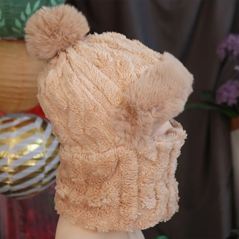 Herfst Gehoorbescherming Gehaakte Muts Sjaal Set Halswarmer Halsdoek Pluche Bal Hoed Zacht Dikker Trui Cap Dames