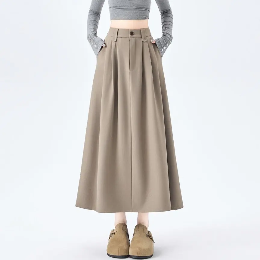 

Qiukichonson Midi Long Skirts Womens Maxi Skirt 2026 Spring Summer Suit Skirt Elegant Office High Waisted Ruffle Pleated Skirts
