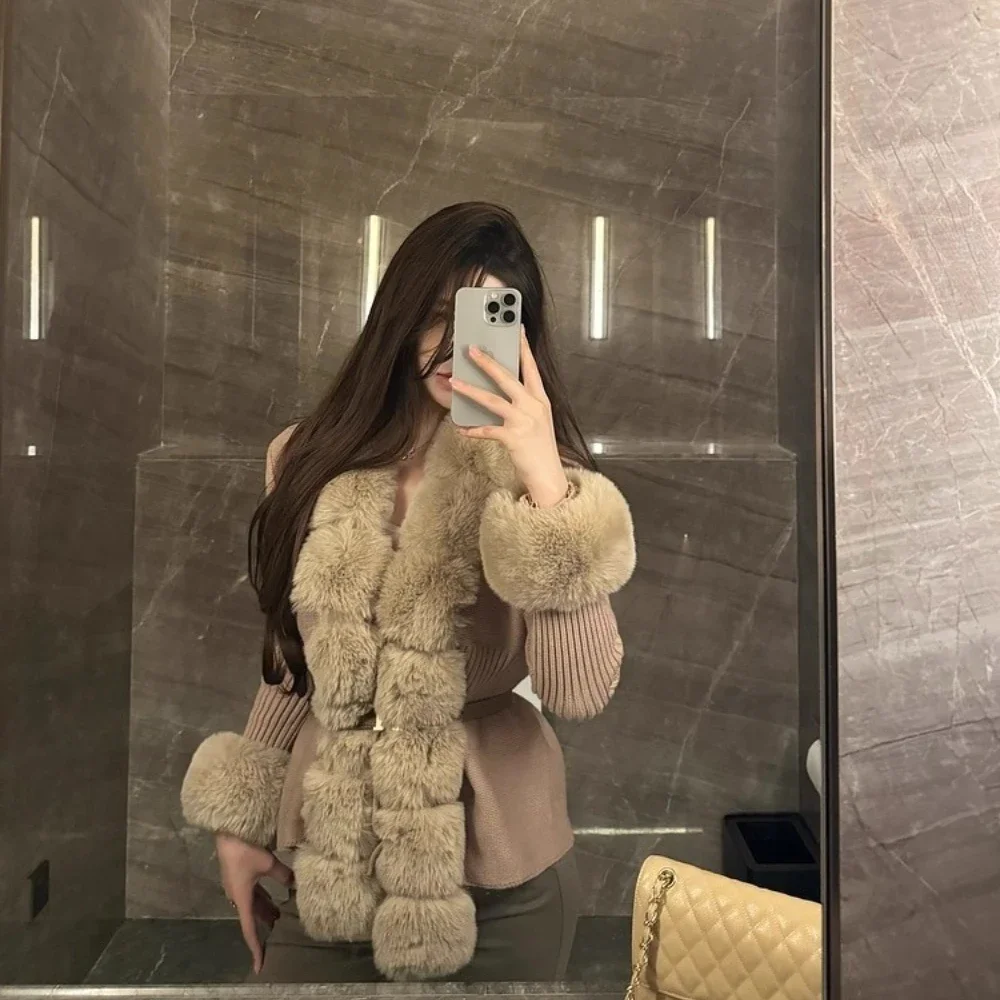 Faux Fur Coat Cardigan Detachable Collar Knitwear Woman Fur Jacket Artificial Fur Patchwork Knit Sweater Autumn Cardigan
