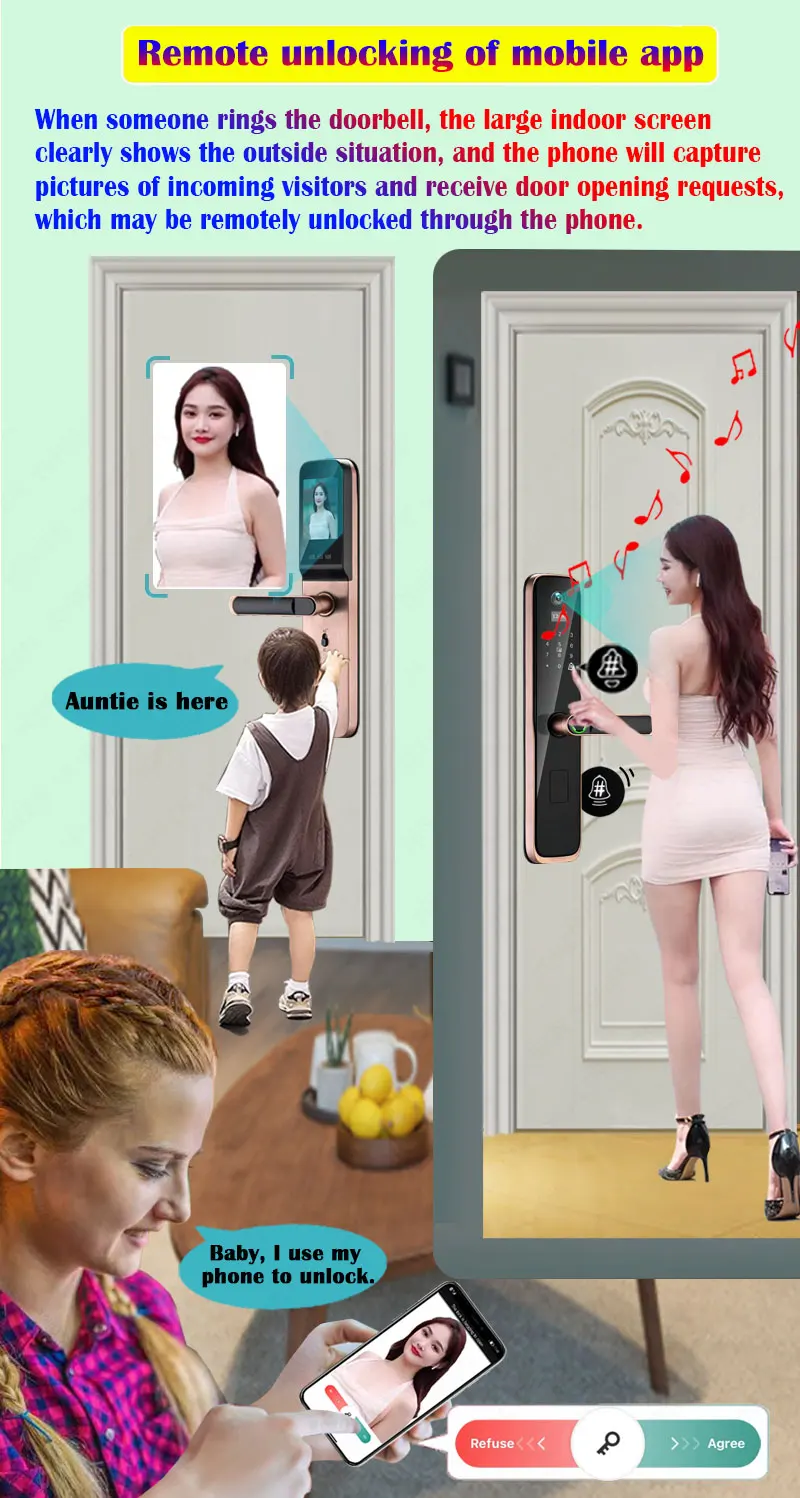 صوت حلقة جرس الباب عين القط مفتاح قفل ذكي بصمة واي فاي قفل الباب الرقمي سلامة شقة المنزل