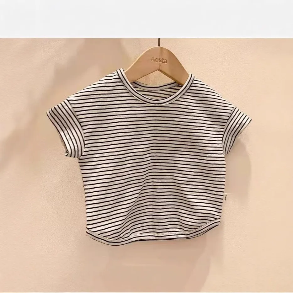 

In stock South Korea summer striped short-sleeved T-shirt for babies all-match casual half-sleeved bottoming shirt for boys and