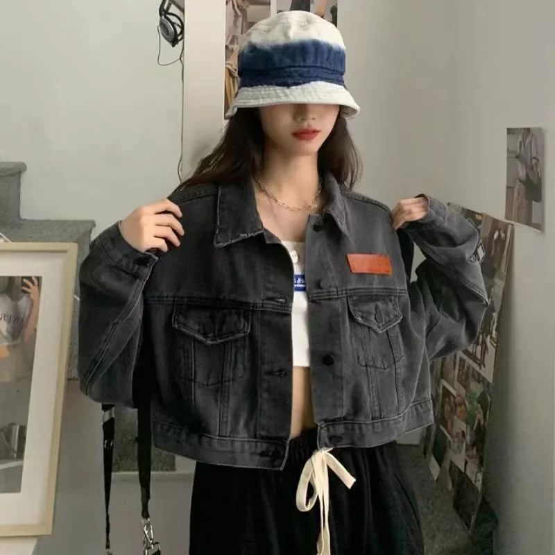 

Denim Jackets for Women Korean Turn-Down Collar Long Sleeve Buttons Outerwear Female Fashion Streetwear Short Jean Coat