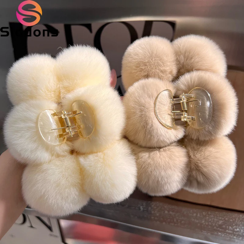 2024 Autumn and Winter Temperament Plush Clip Shark Clip Hair Clip Headwear on the Back Large Genuine Rex Rabbit Fur Ball Clip