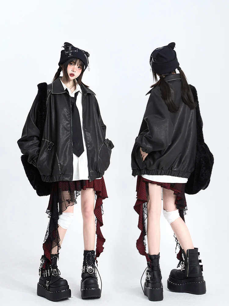 Giacca da Moto da Donna 97 in Pelle PU Stile Retrò con Chiusura a Cerniera, Cappotto Corto Femminile alla Moda per l'Autunno