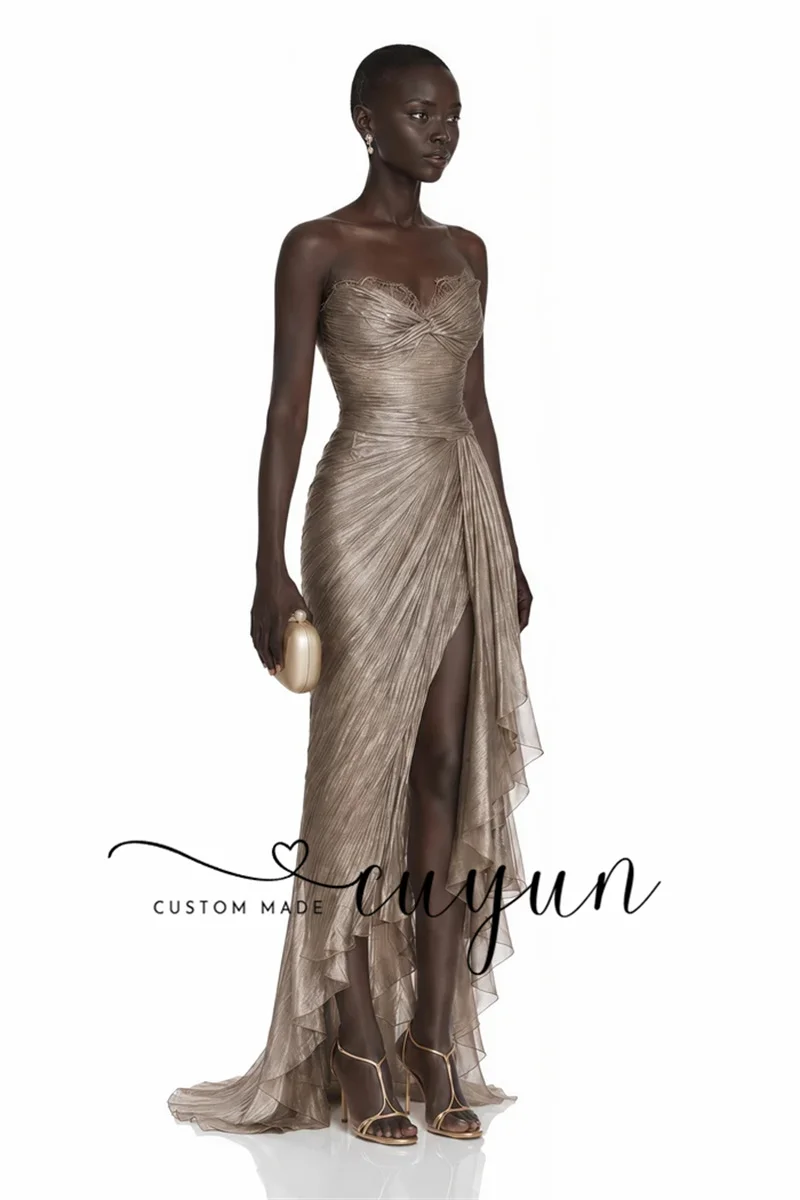 CUYUN Modern Pleat V-Neck Evening Gown Dress Sleeveless Side High Slit Prom Gown Customized Back Tie Party Dress 2026 ﻿