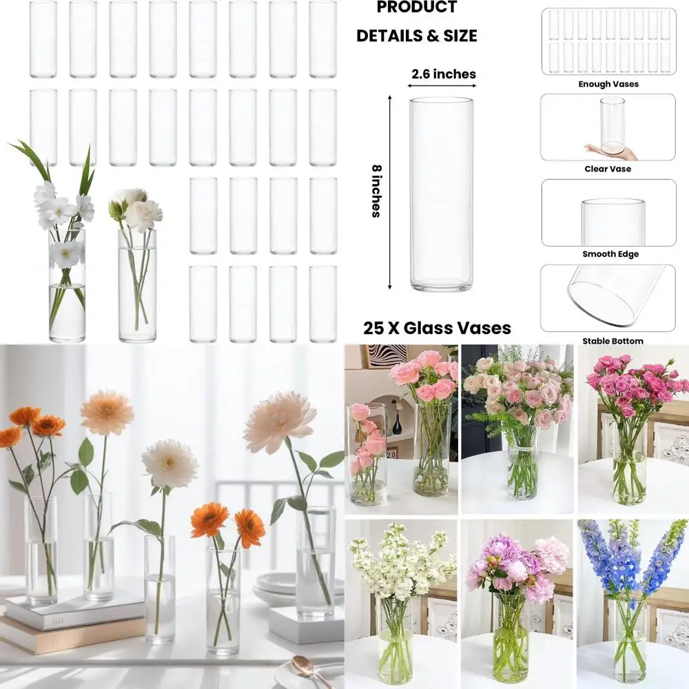 

8 Inch Clear Glass Cylinder Vases for Centerpieces, Ideal for Small Flower Arrangements, Weddings, and Home Table Decor