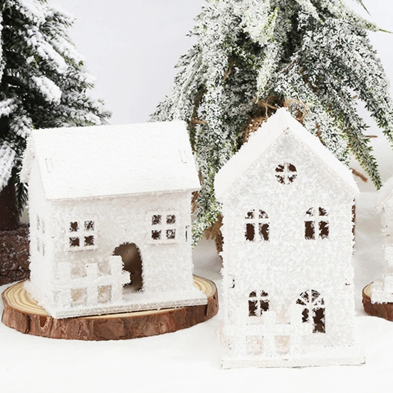 Christmas LED Light House Luminous Wooden Cabin Ornament Snow Scene Village Christmas Decoration For Home New Year Kids Gifts