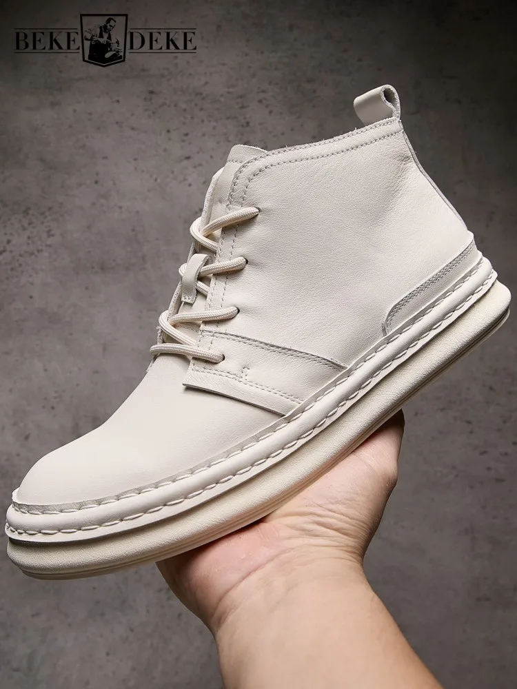 Mens Casual Platform High Top Shoes Lace Up Autumn Winter Solid Color Short Boots Round Toe Fleece Liner Motorcycle Boots Male