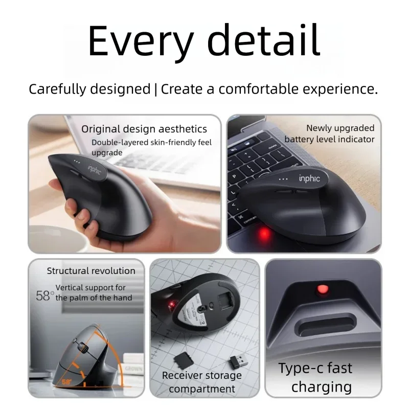 Inphic X9 PRO Vertical Wireless Mouse Type-C Fast Charging Ergonomic Silent Office Mouse For Laptop PC Computer Gaming Mouse view 4