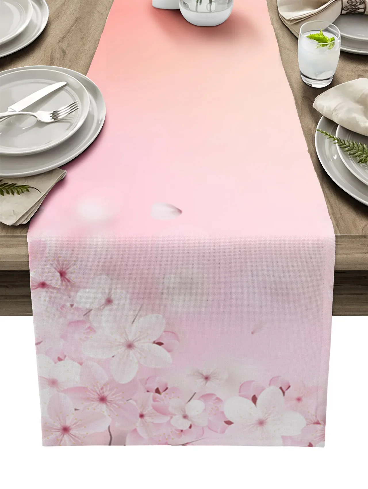 Spring Flower Peach Blossom Pink Cherry Blossoms Linen Table Runners Kitchen Dining Table Decoration Wedding Party Supplies