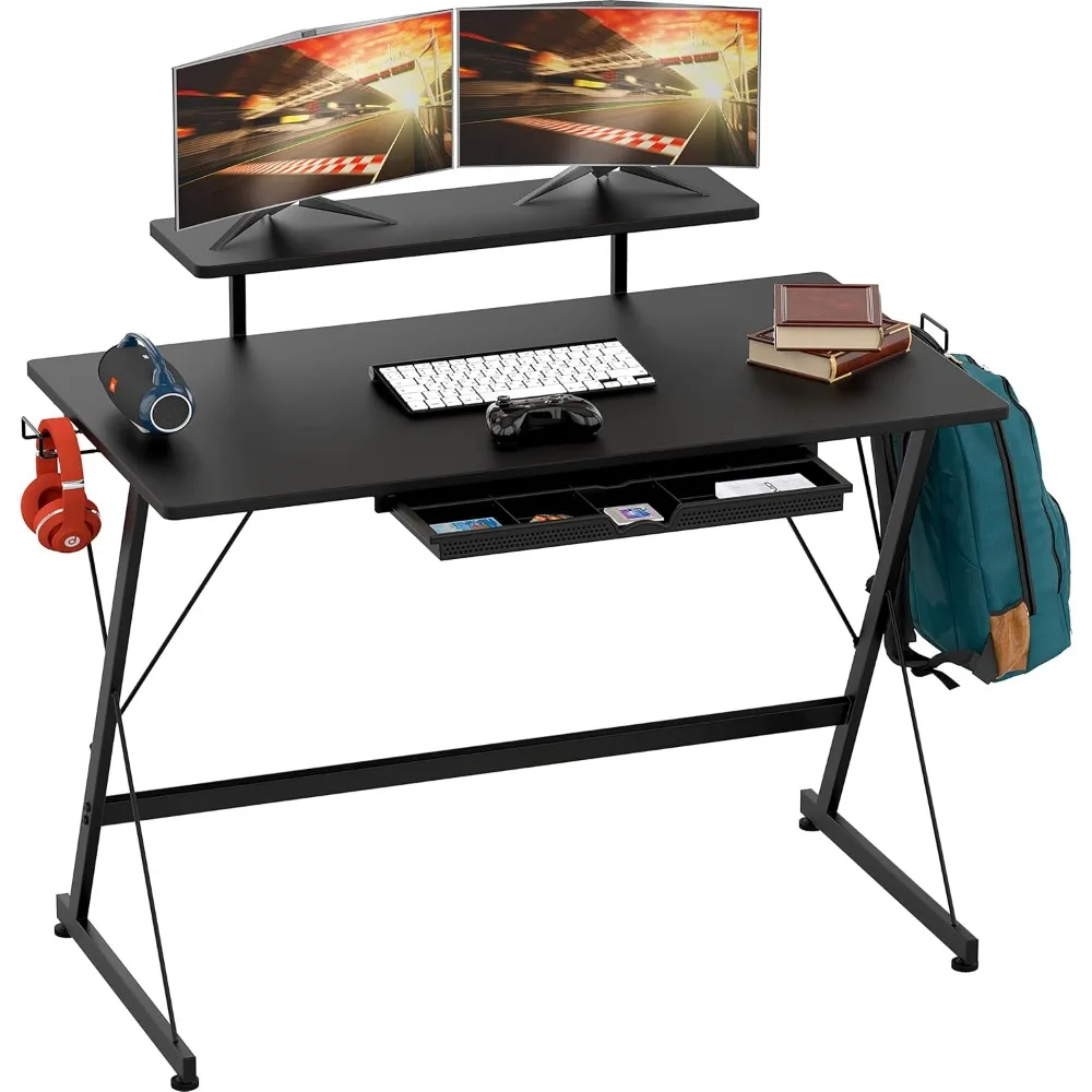 

40-Inch Gaming Desk with Monitor Riser, Drawer and Hooks, Black