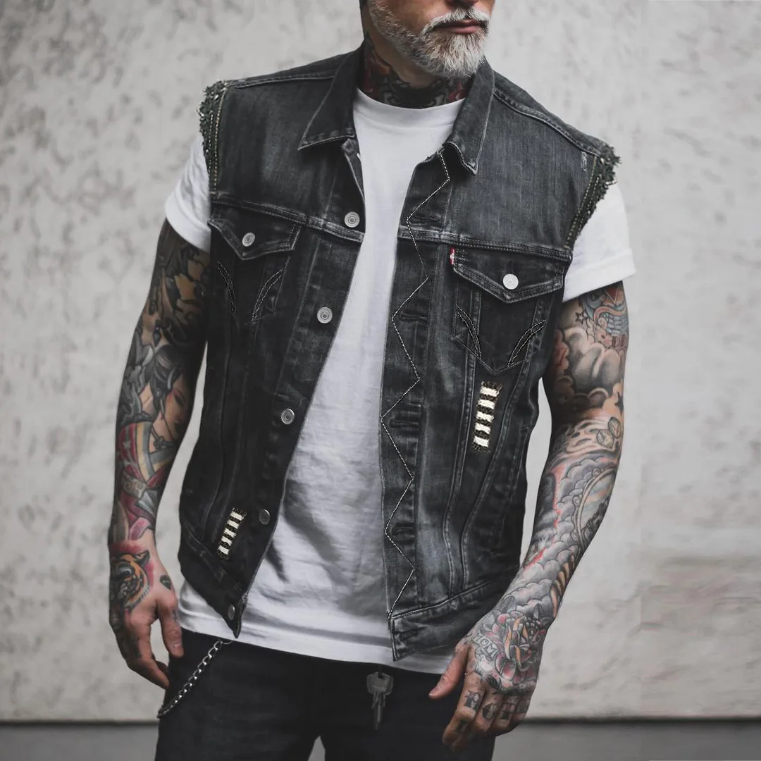 Men\'s Denim Waistcoat Sleeveless Vestpersonalized Pattern Viking Printing Vintage Fur Edge Hole Motorcycle Vest Coat 2023 Men\'s