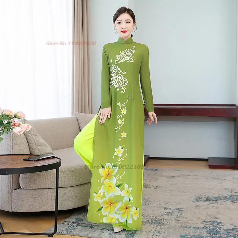 2026 vietnamese aodai dress women traditional flower print vintage elegant qipao dress+pants sets asian improved dress qipao